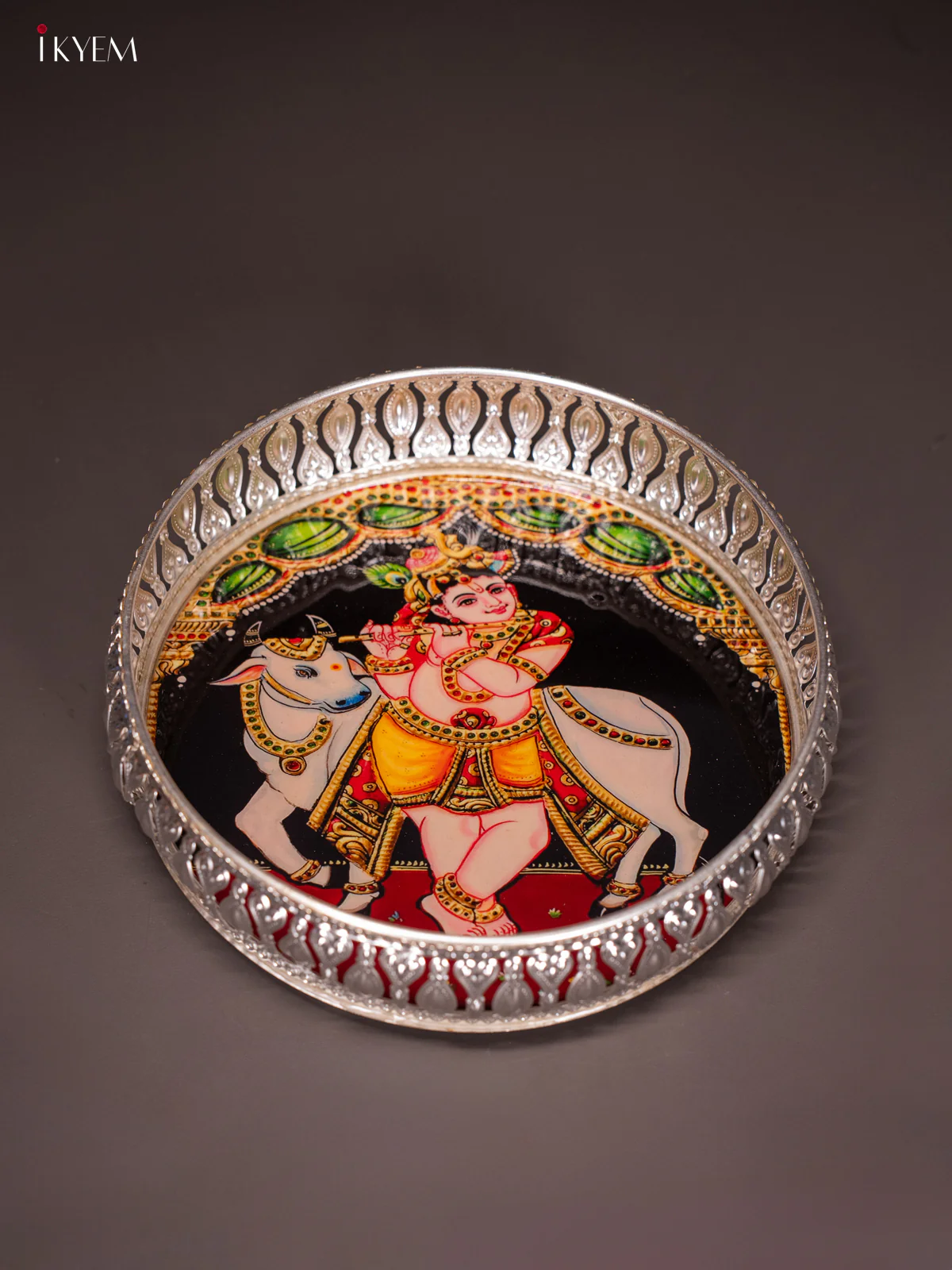 Digital Printed German Silver Tray - Krishna Cow - 8 Inches - KI12134 - Image 3