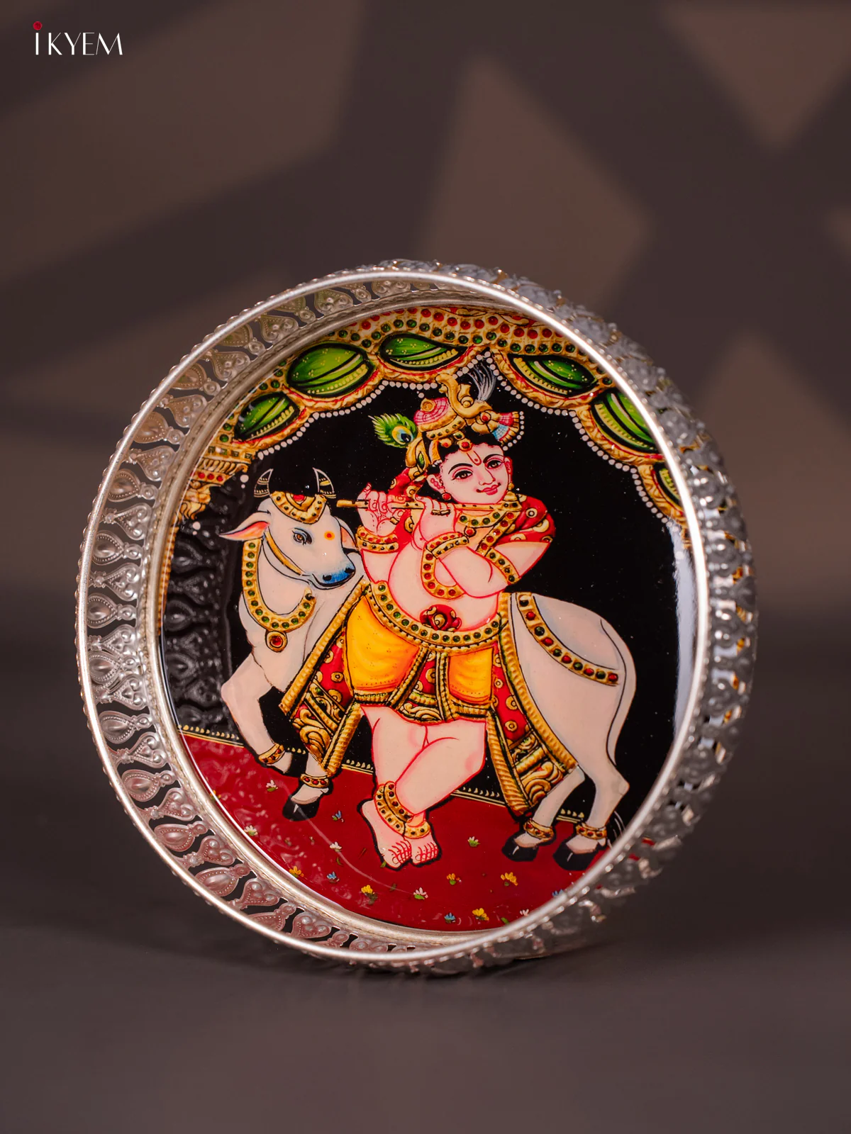 Digital Printed German Silver Tray - Krishna Cow - 8 Inches - KI12134 - Image 4