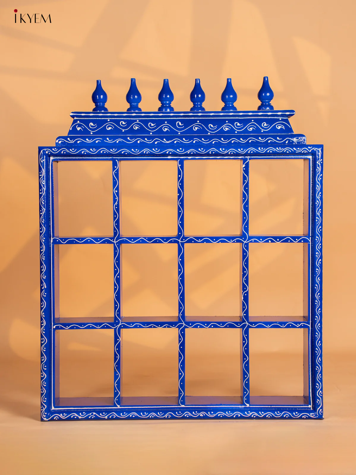 Hand-Painted Wooden Golu Display Frame With 12 Rectangle Boxes - Blue - 26 Inches - KI12141