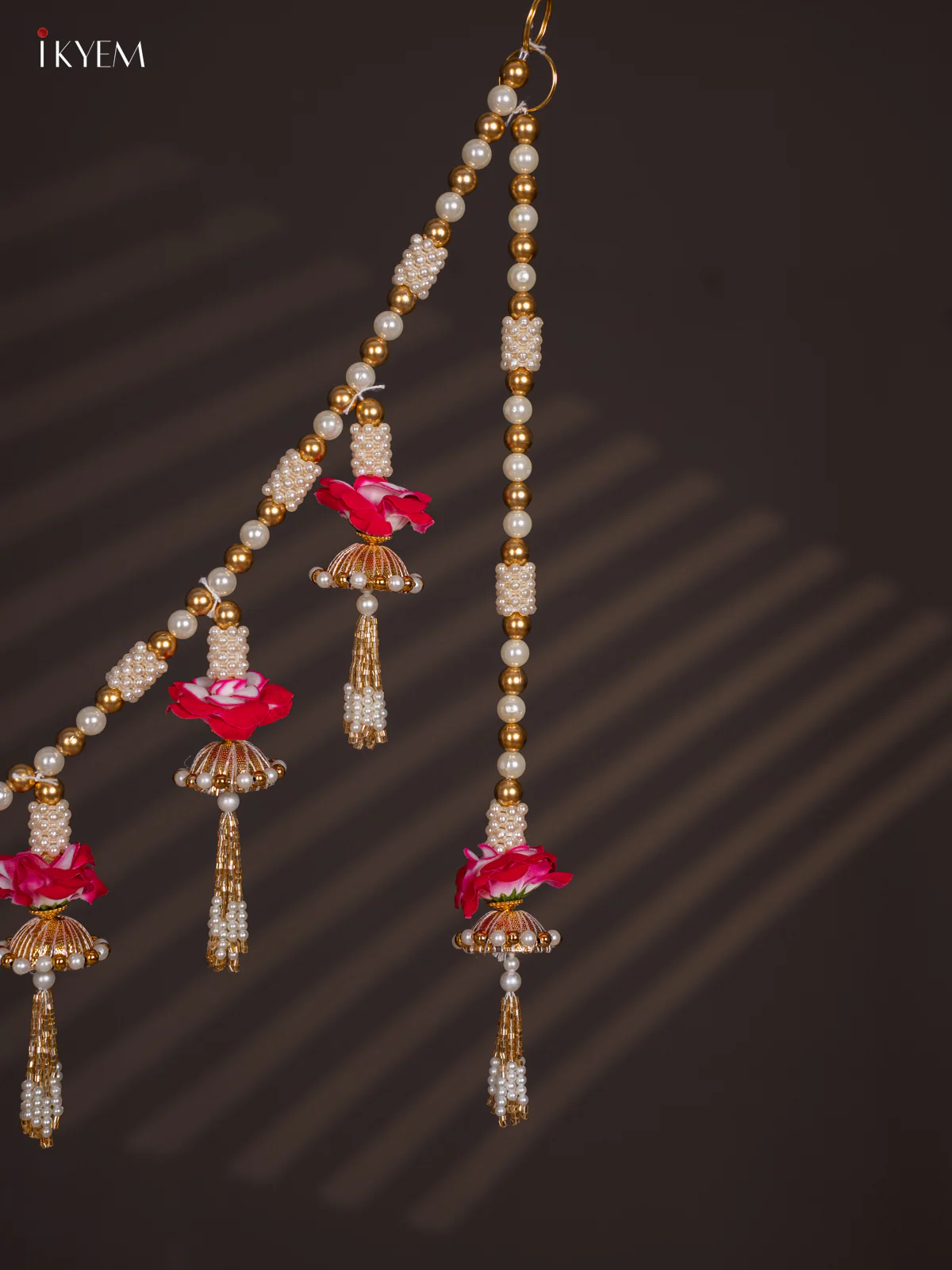 Decorative Pink Flower & Bead Thoran set - 4 Inches - KI14113 - Image 2