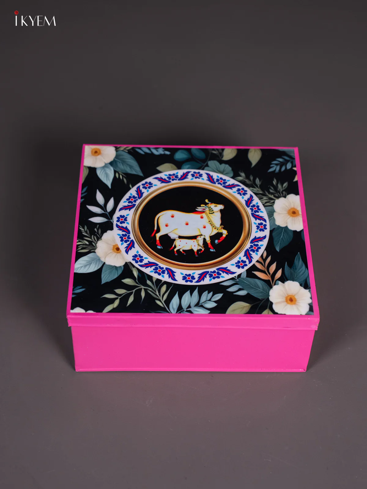 Metal Cow & Calf Printed Square Storage Box - Big -Pink with Dark Green - (8x8) Inches - KI15148 - Image 3