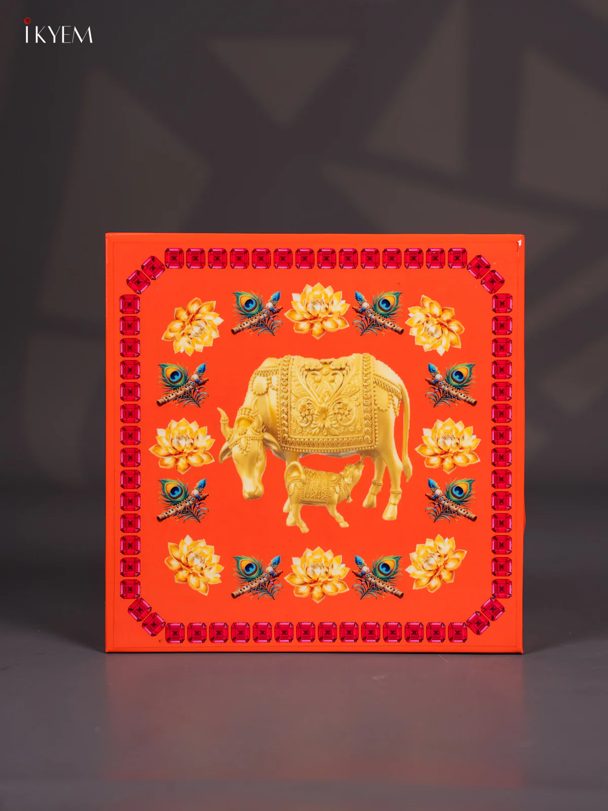 Metal Cow & Calf Printed Square Storage Box - Big - Orange - (8x8) Inches - KI15157