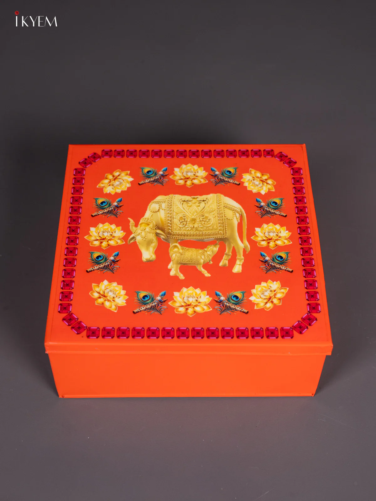 Metal Cow & Calf Printed Square Storage Box - Big - Orange - (8x8) Inches - KI15157 - Image 2