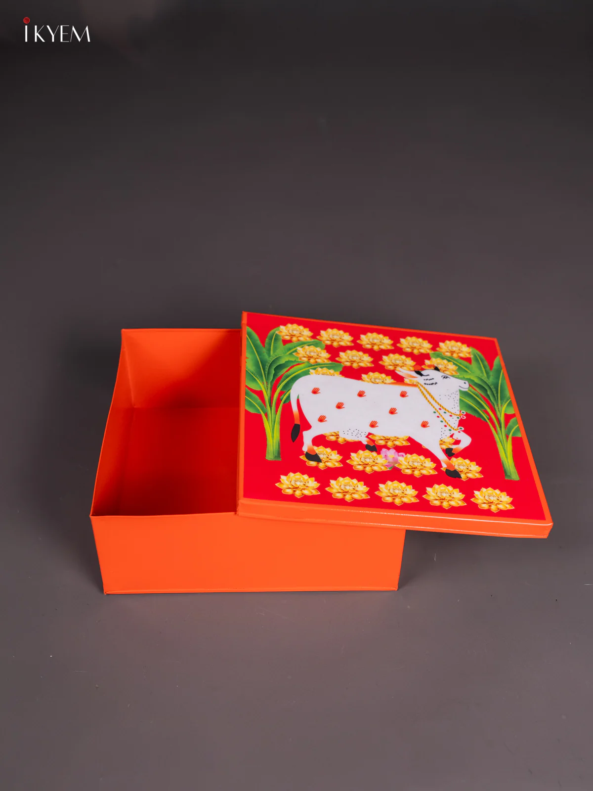 Metal Cow Printed Square Storage Box - Big - Orange with Red - (8x8) Inches - KI15159 - Image 3