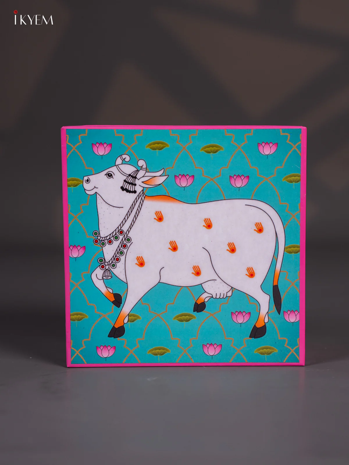 Metal Cow Printed Square Storage Box - Small - pink with Blue - (6x6) Inches - KI15164