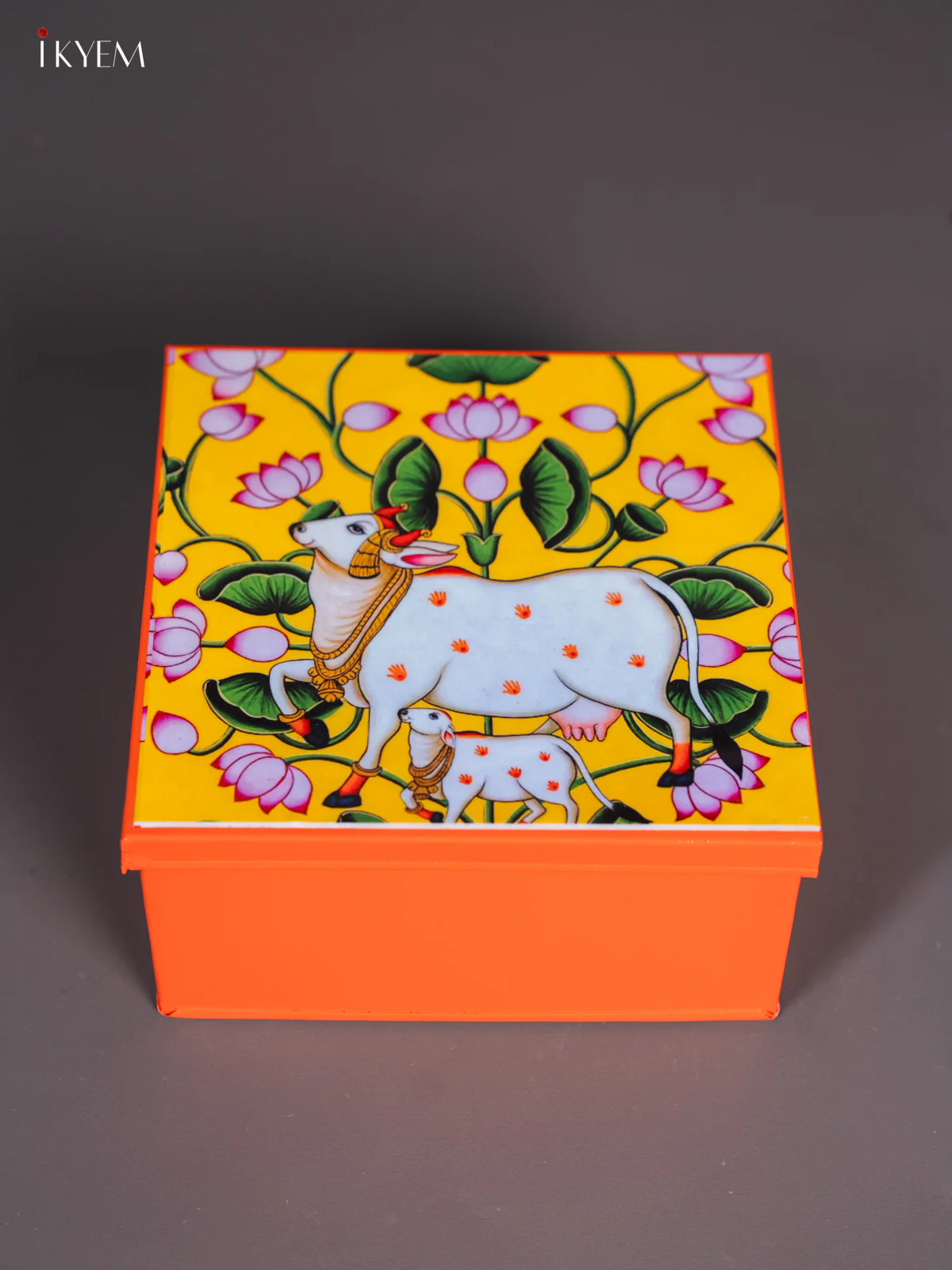 Metal Cow & Calf Printed Square Storage Box - Small - Orange with yellow - (6x6) Inches - KI15169 - Image 2