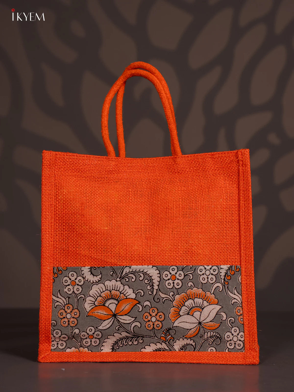 Vibrant Yellow Half & Half Kalamkari Jute Bag with Rope Handles - 10 Inch - KI15170