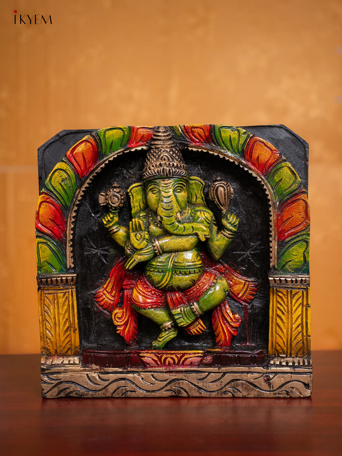 Wooden Hand Painted Dancing Ganesha Wall hanging Frame - 12 Inches - KI17134