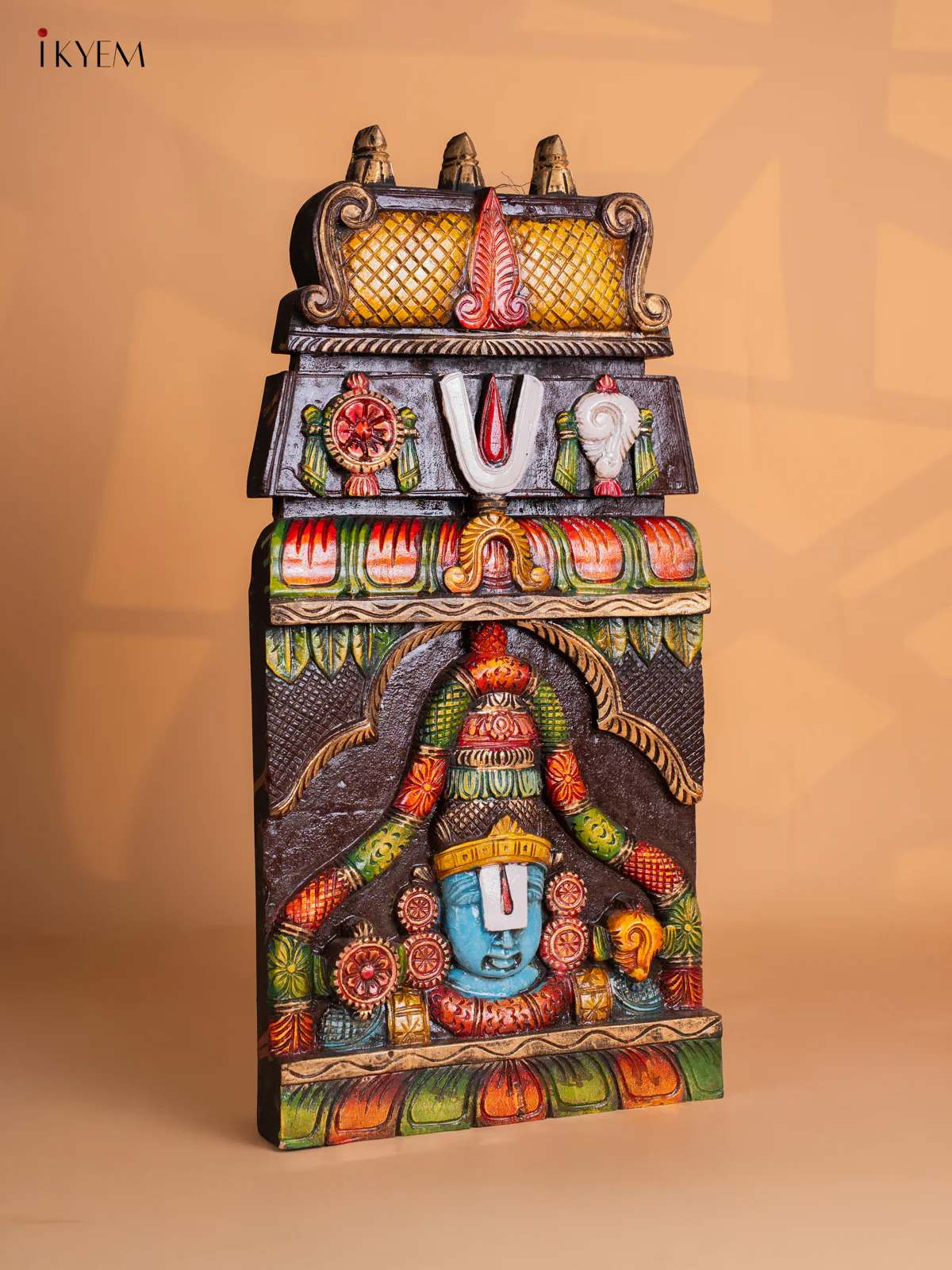 Wooden Hand Painted Balaji Head Sangu chakram namam Gopuram Wall Frame Panel -24 Inches - KI17153 - Image 2