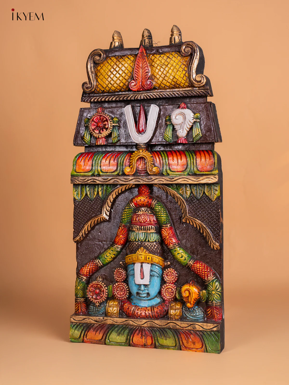 Wooden Hand Painted Balaji Head Sangu chakram namam Gopuram Wall Frame Panel -24 Inches - KI17153 - Image 5