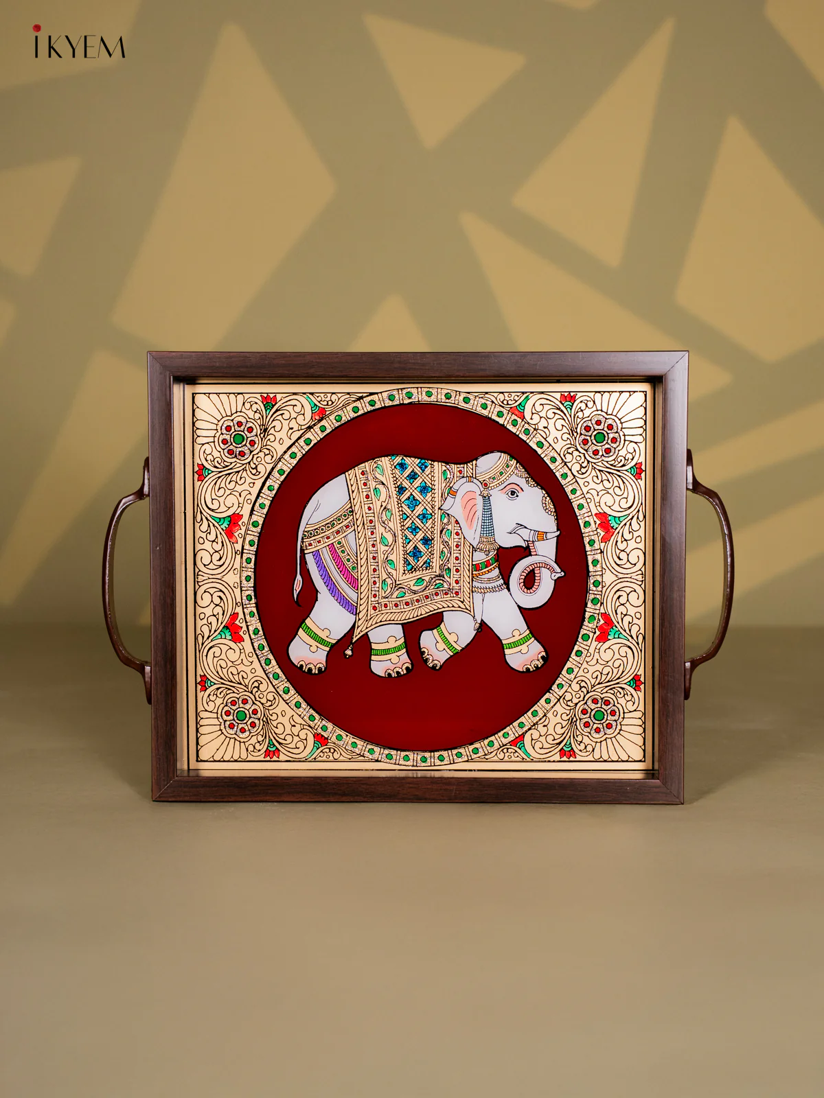 Reverse Glass Painted Tray (11x13) - Elephant - Maroon - KI18122