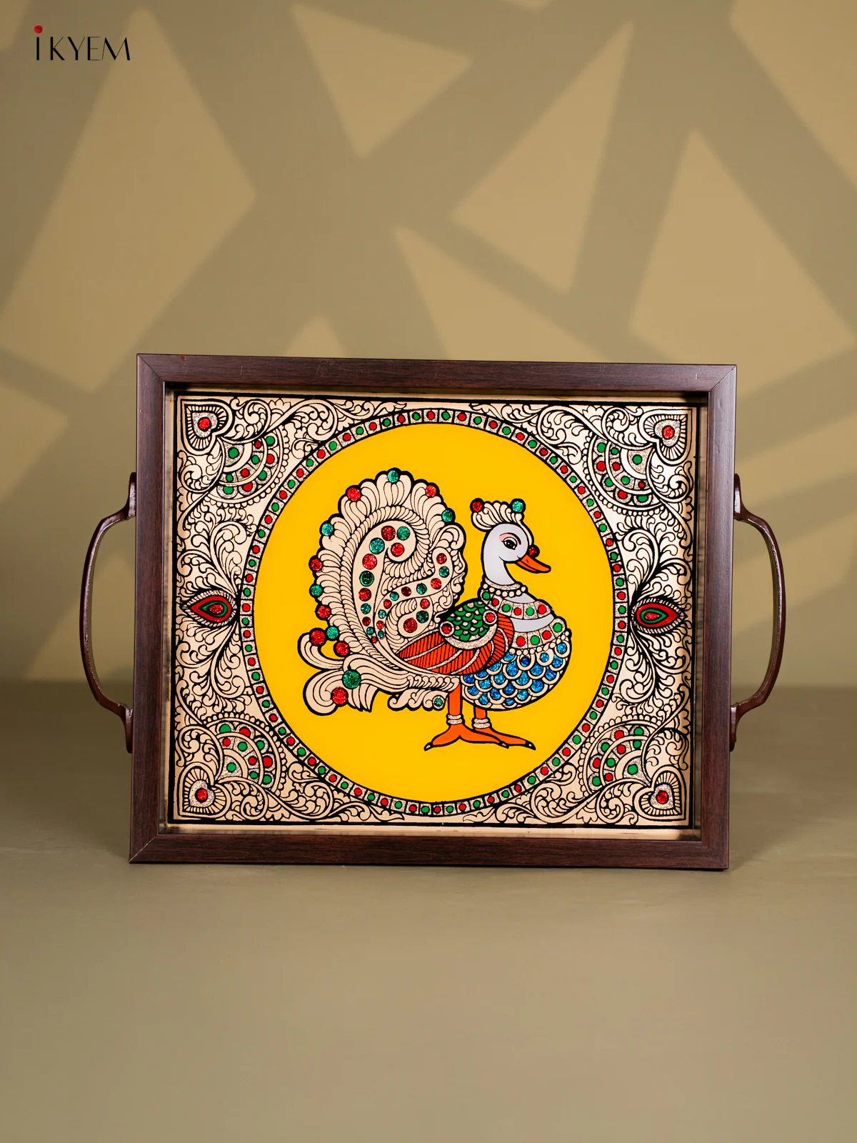 Reverse Glass Painted Tray (11x13) - Annapakshi - Yellow - KI18124