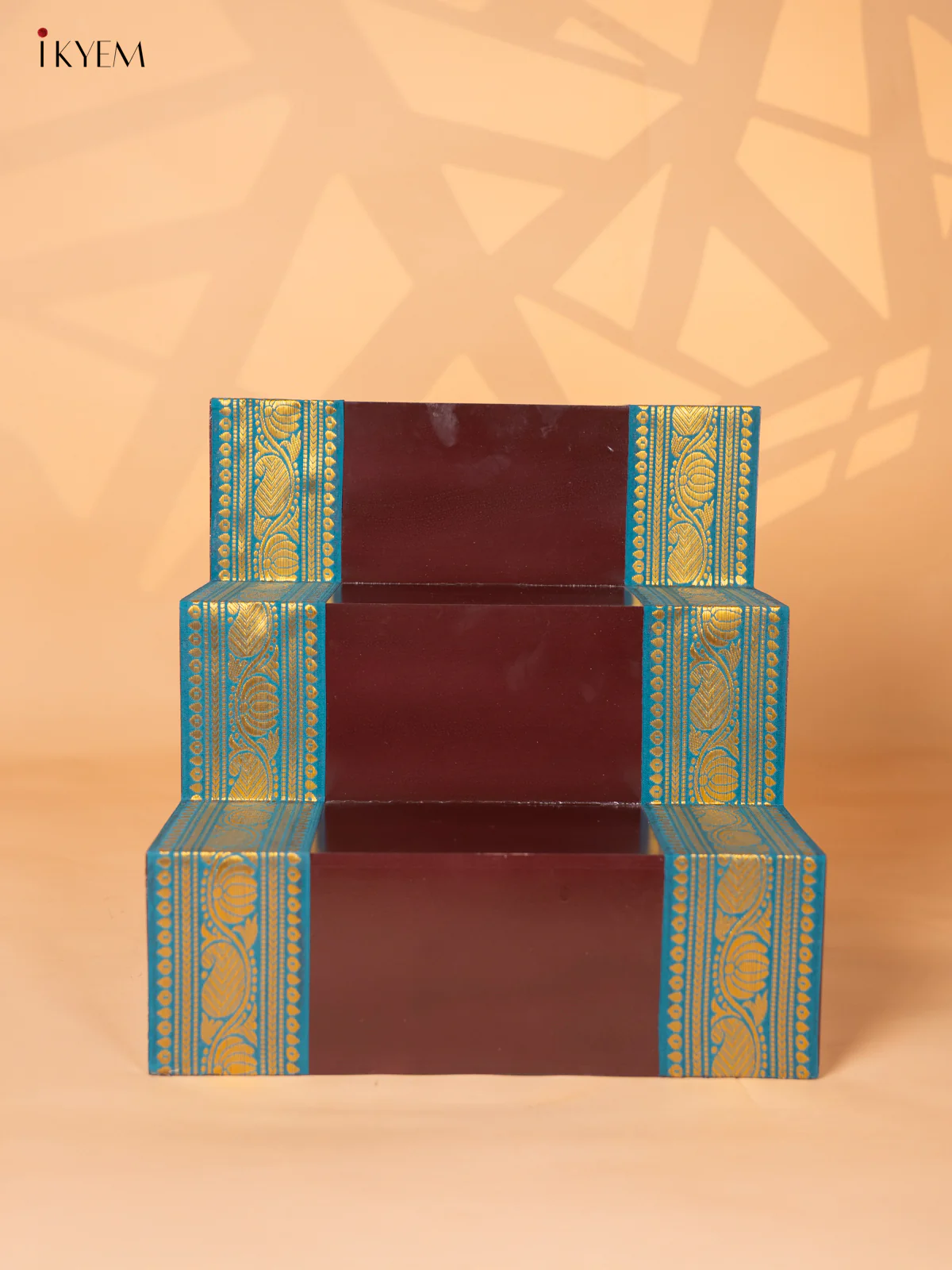 Wooden Hand painted 3-step Golu Padi with Zari Border - Brown - 15 Inches - KI19122