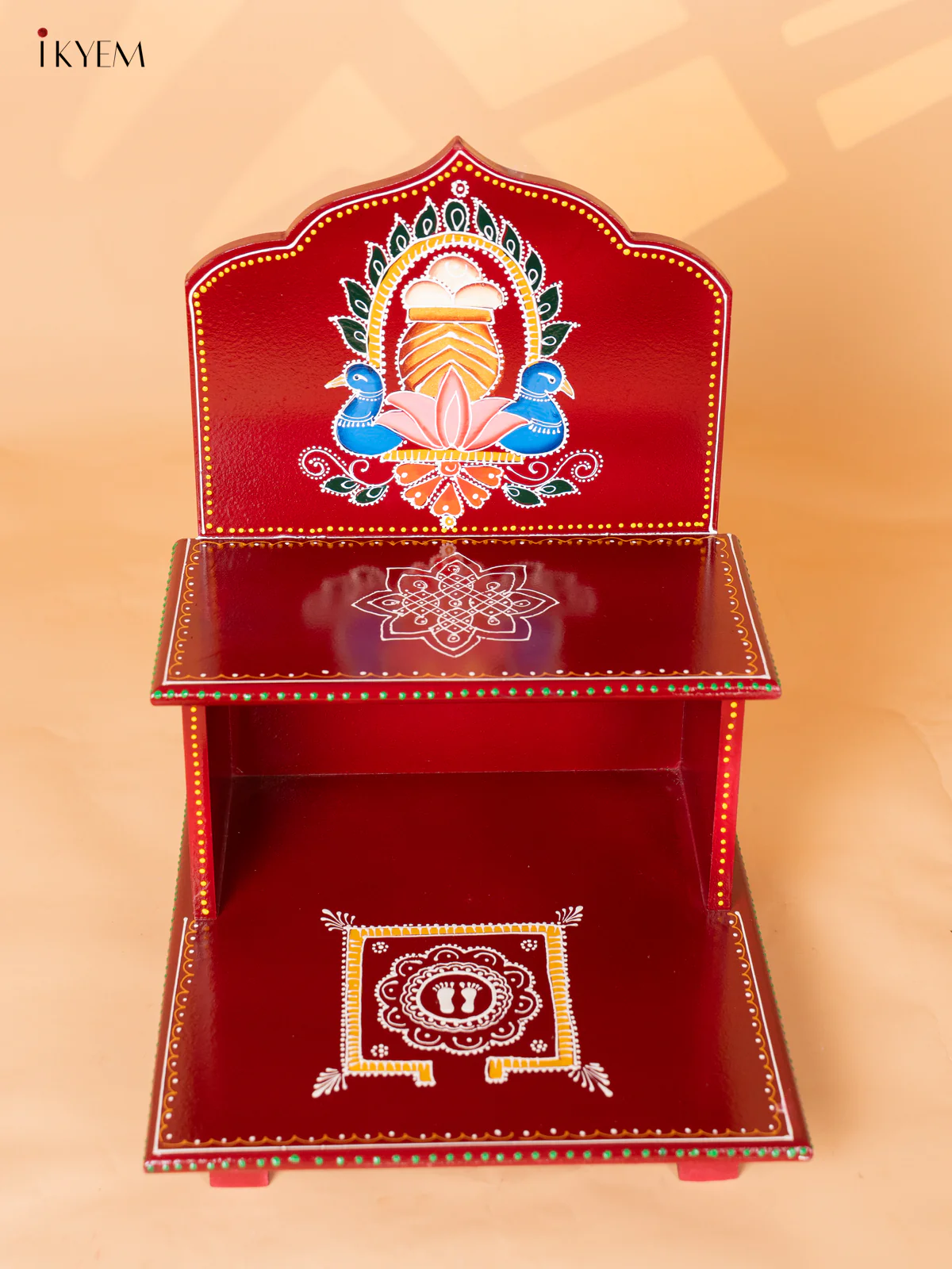 Hand painted Wooden Peacock 2-Step Golu Stand - Red - 16 Inches - KI19125