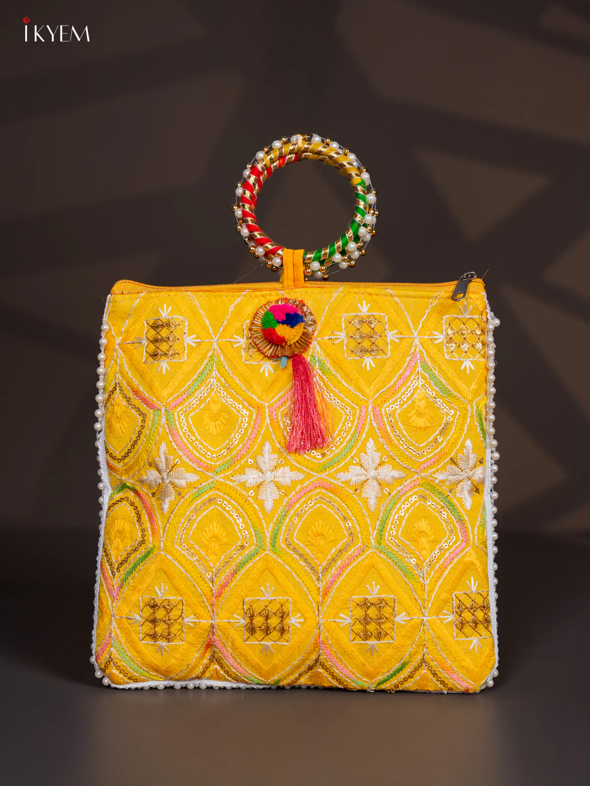 Embroidered Bag with Bangle Handle - Yellow - KI24112