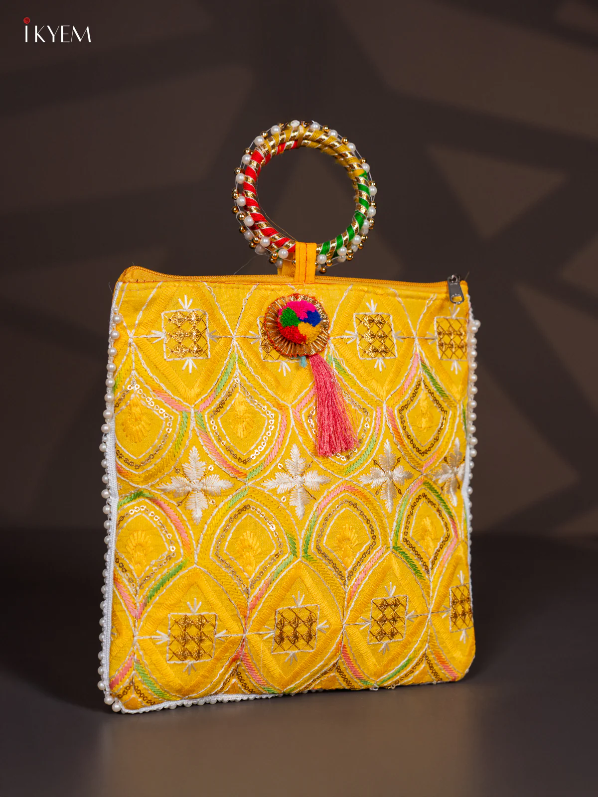 Embroidered Bag with Bangle Handle - Yellow - KI24112 - Image 2