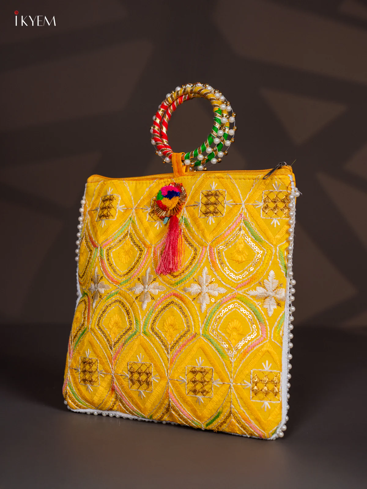 Embroidered Bag with Bangle Handle - Yellow - KI24112 - Image 3