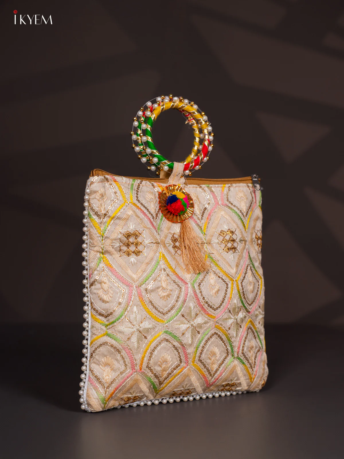 Embroidered Bag with Bangle Handle - Cream - KI24113 - Image 2
