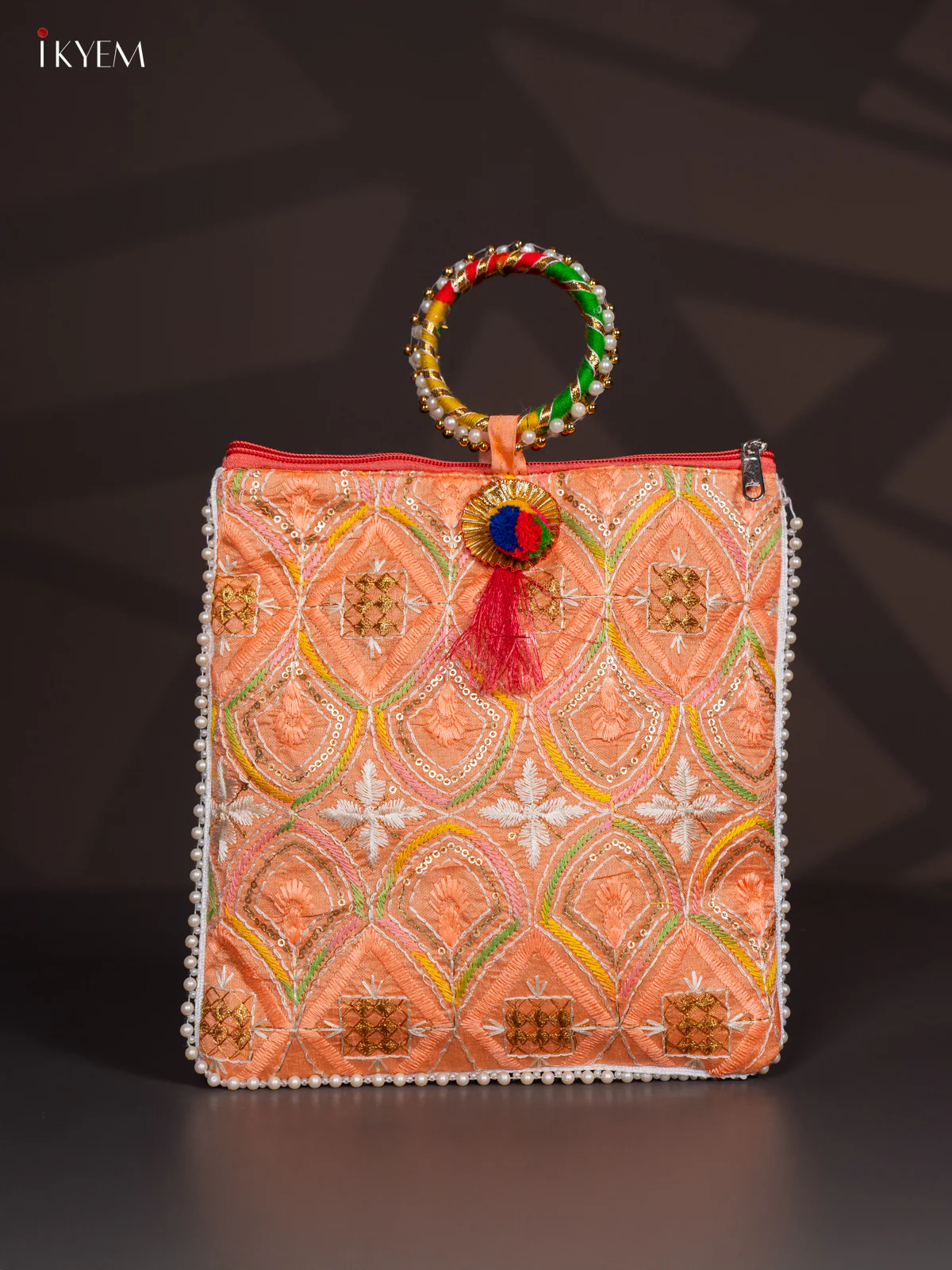 Embroidered Bag with Bangle Handle - Orange - KI24115