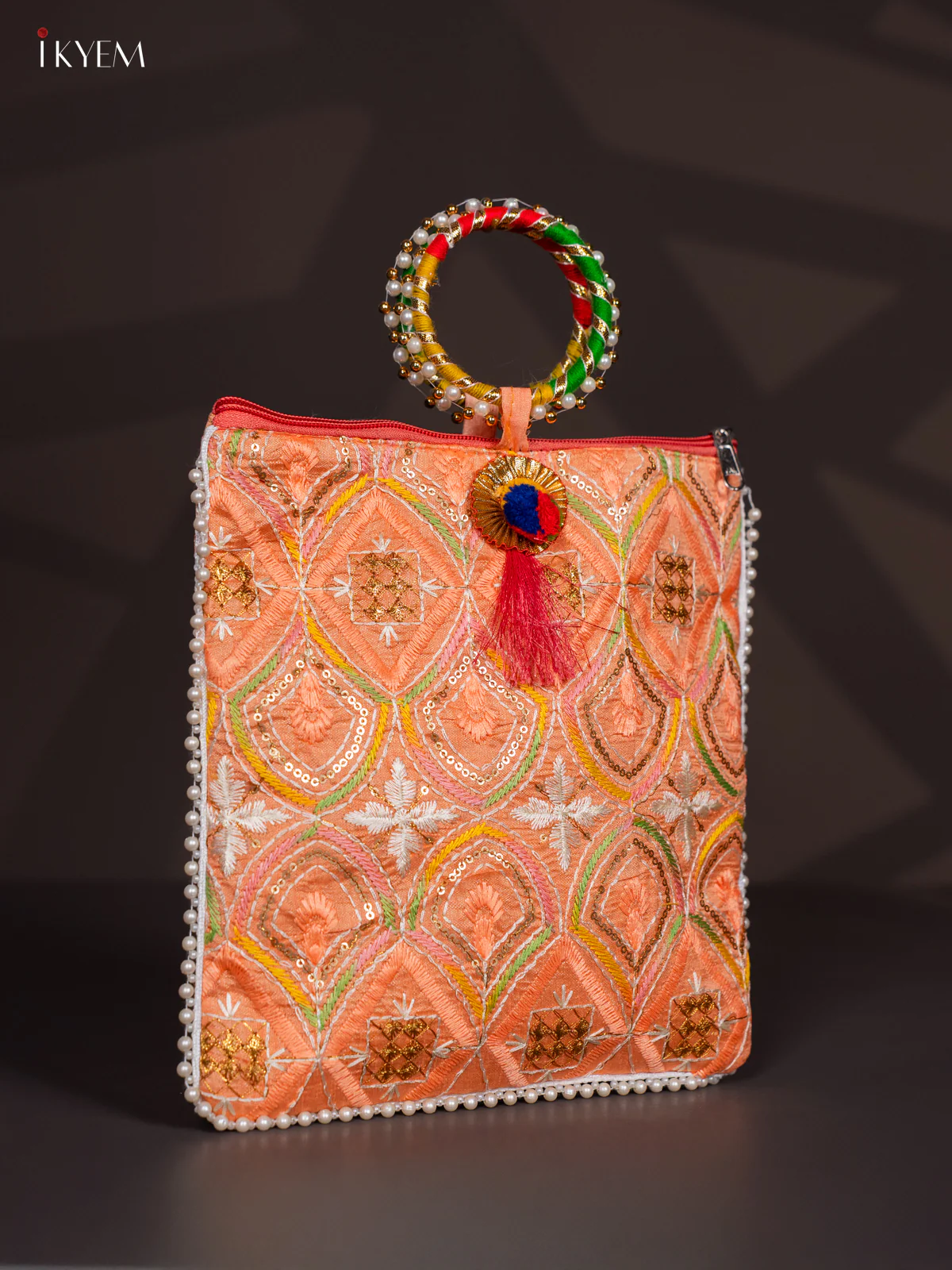 Embroidered Bag with Bangle Handle - Orange - KI24115 - Image 2