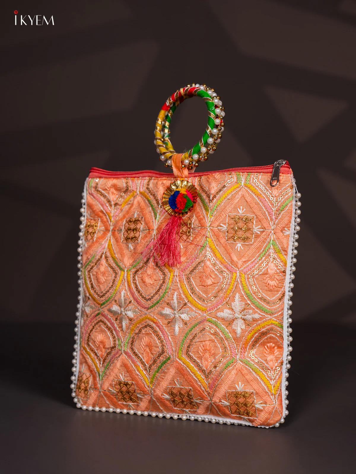 Embroidered Bag with Bangle Handle - Orange - KI24115 - Image 3
