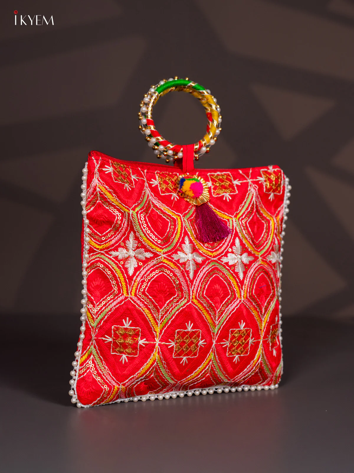 Embroidered Bag with Bangle Handle - Red - KI24116 - Image 2