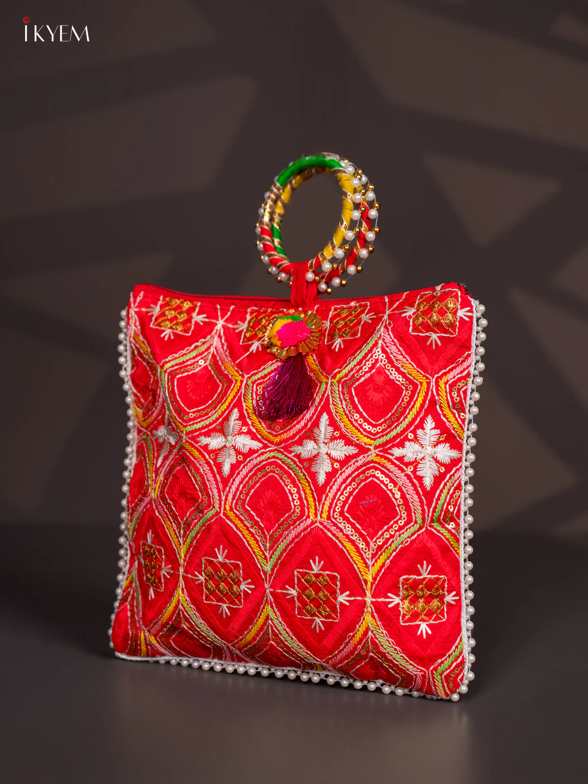 Embroidered Bag with Bangle Handle - Red - KI24116 - Image 3