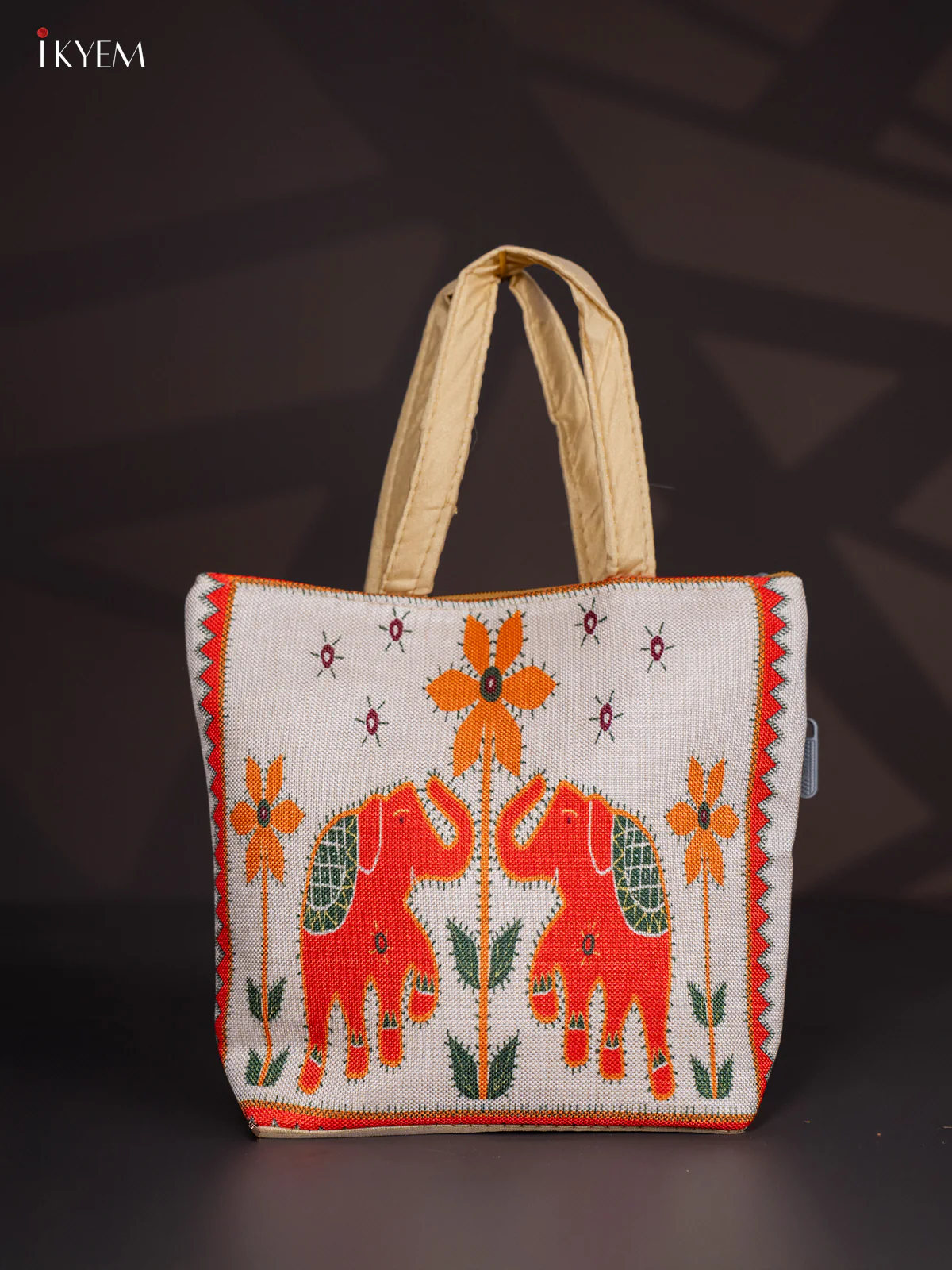 Elephant Design Jute Handbag - Orange - KI24118