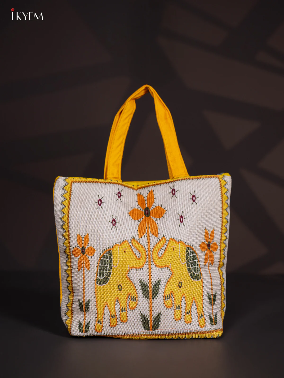 Elephant Design Jute Handbag- Yellow - KI24119
