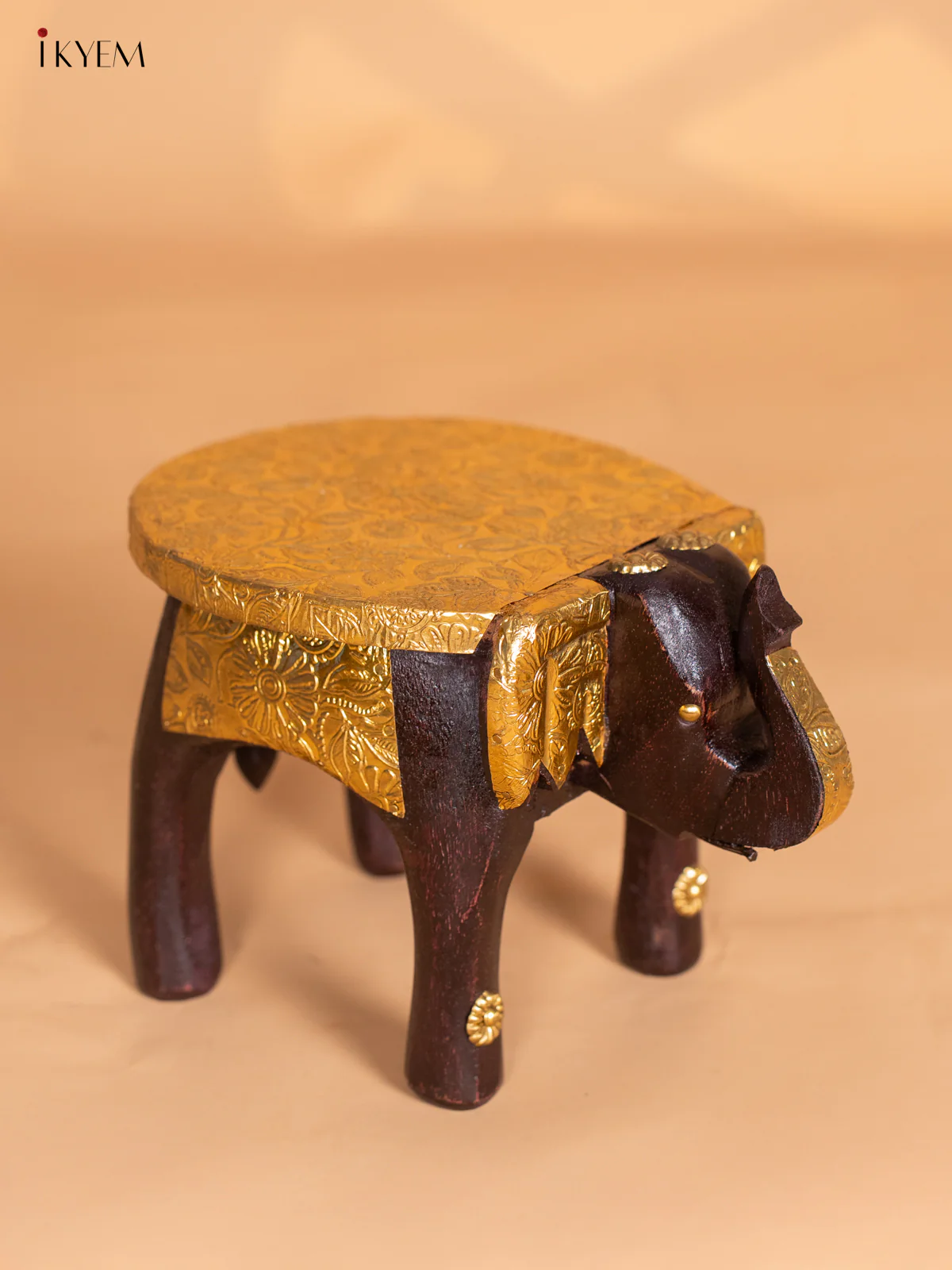 Wooden Brass Fitted Elephant Stool - 6 Inches - KI24136