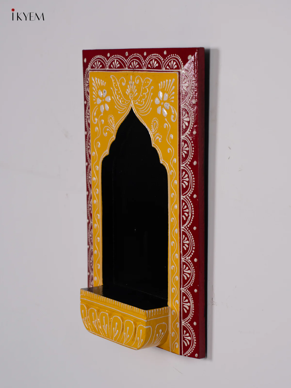 Wooden Hand Painted Wall Frame/Diya stand - Red with Yellow - 12 Inches - KI24145 - Image 2