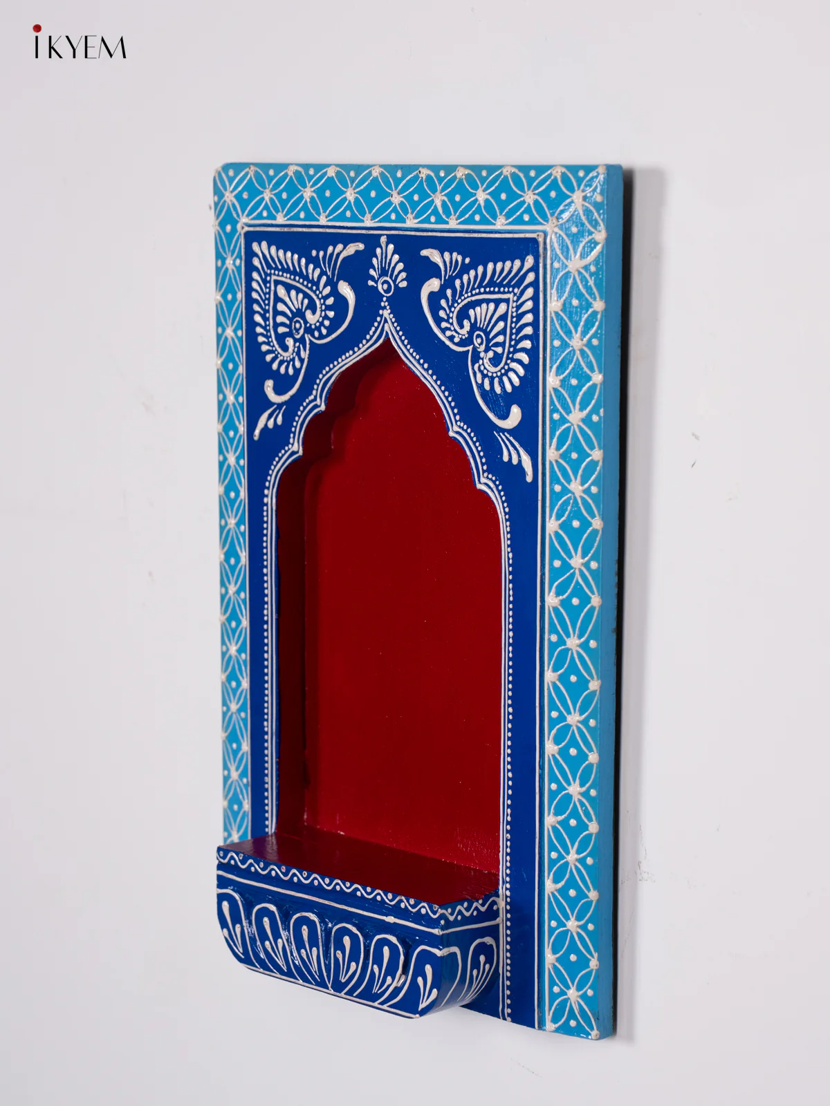 Wooden Hand Painted Wall Frame/Diya stand - Red with Sky blue - 12 Inches - KI24146 - Image 2
