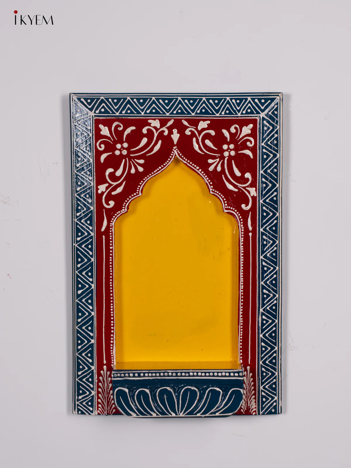 Wooden Hand Painted Wall Frame(Jharokha)/Diya stand - Yellow with Blue - 12 Inches - KI24147