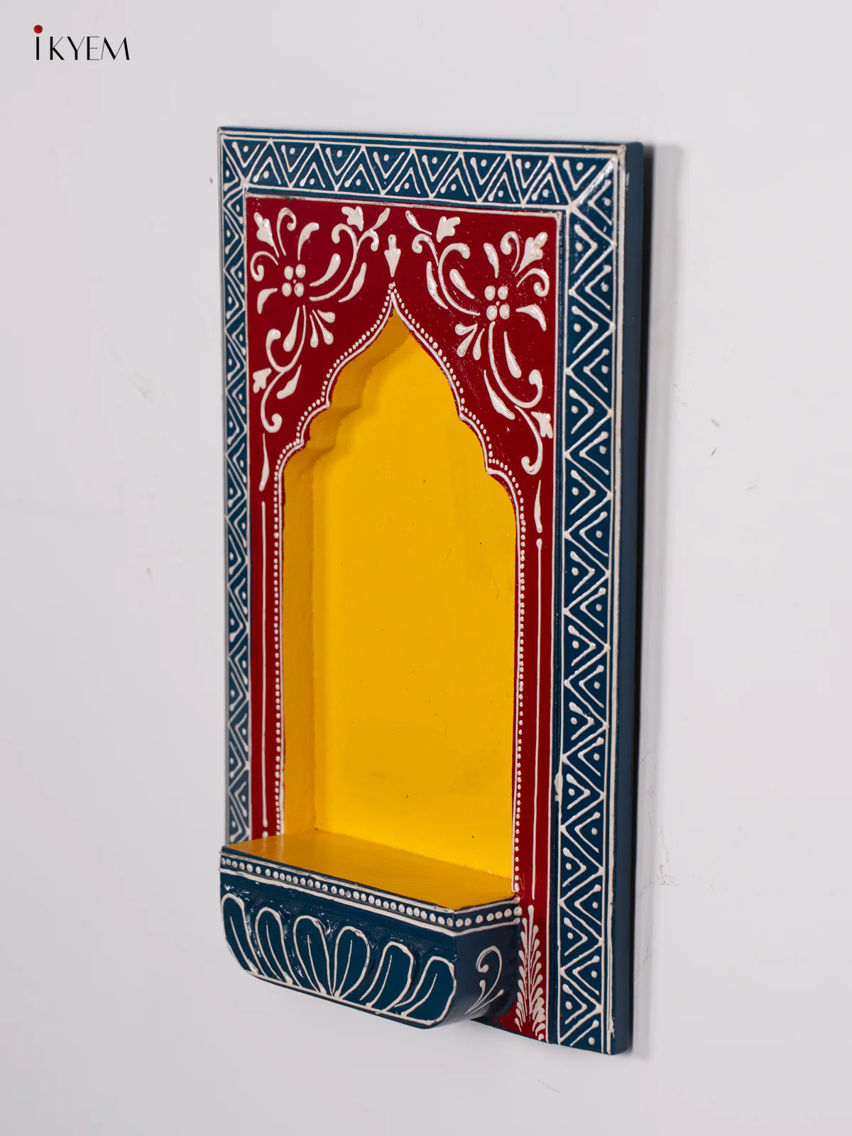 Wooden Hand Painted Wall Frame(Jharokha)/Diya stand - Yellow with Blue - 12 Inches - KI24147 - Image 2