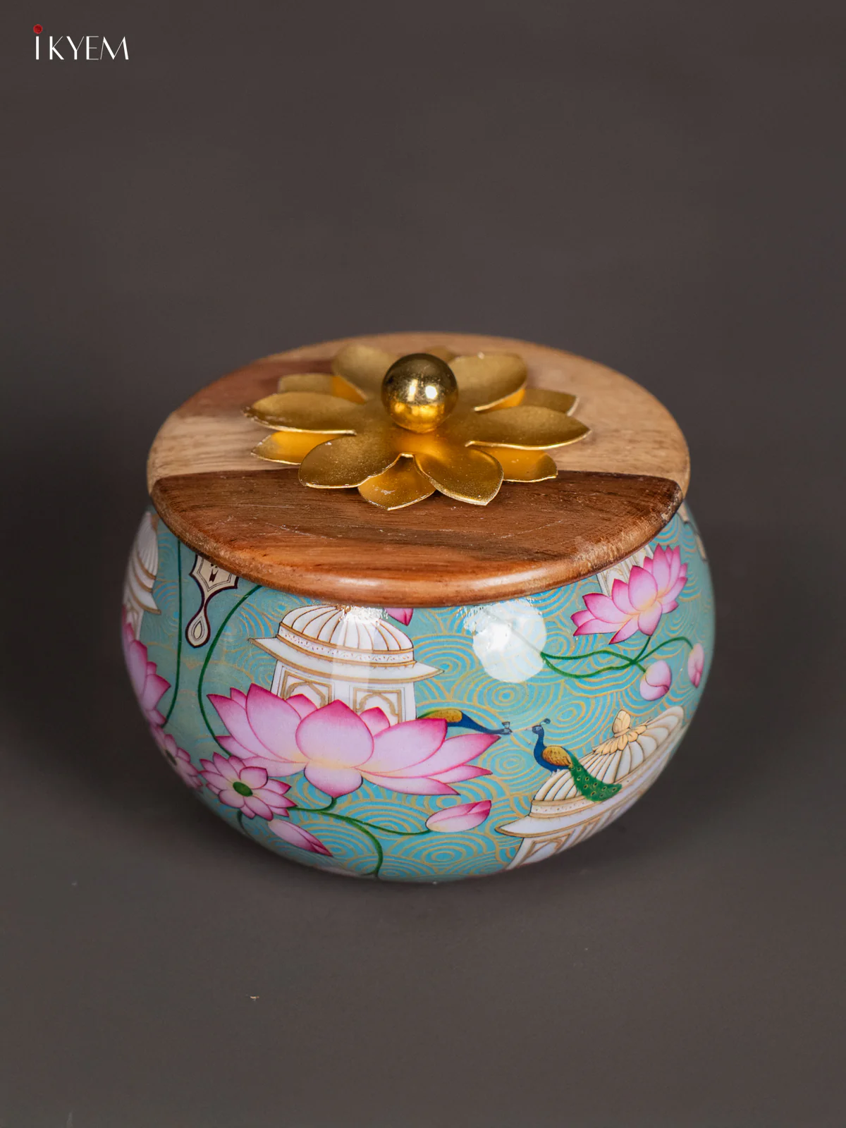 Lotus Digital Printed Dry Fruit Jar With Wooden Lid - 3 inch - Teal - KI26111