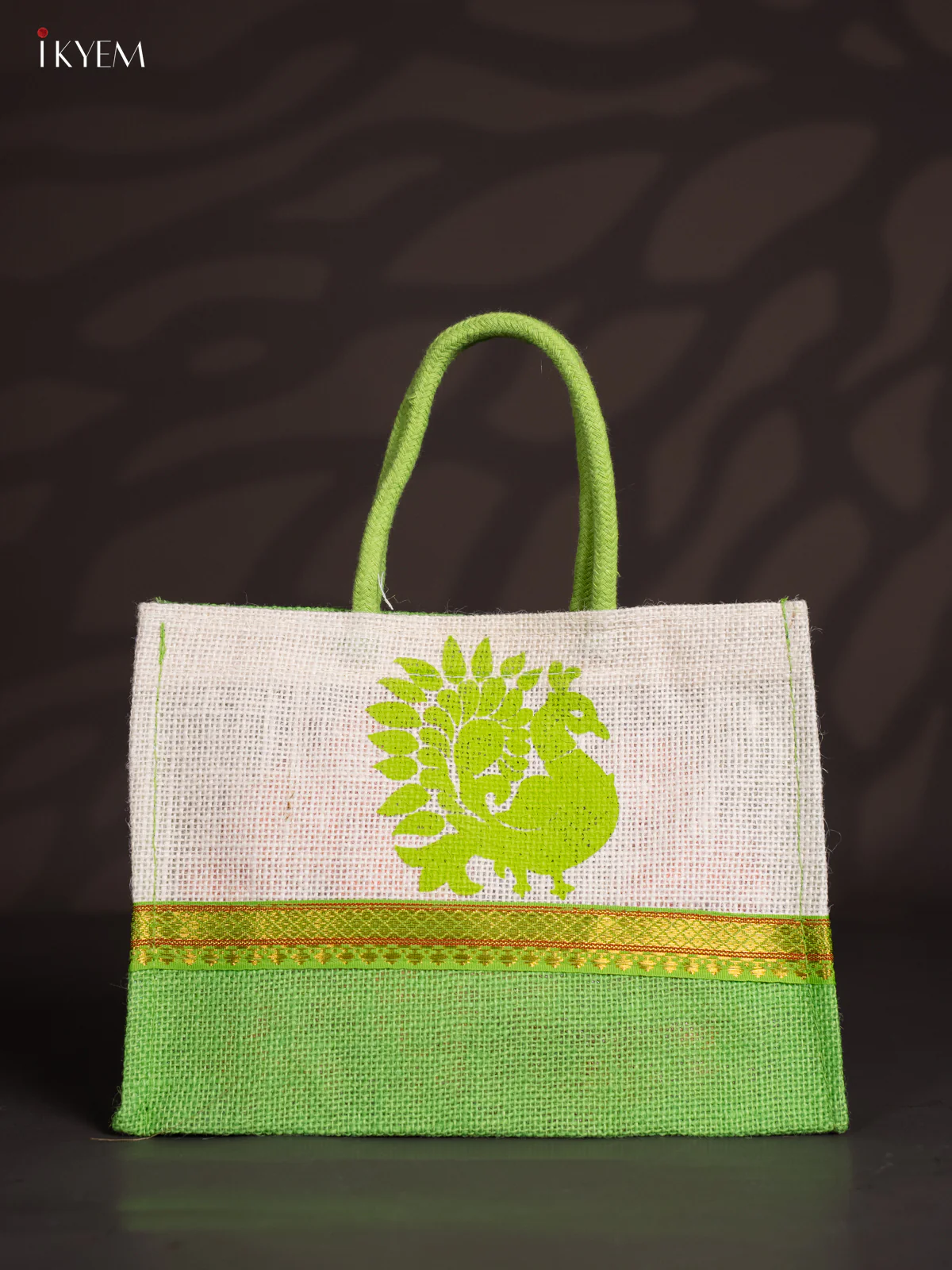 White & Green Peacock Printed Jute Bag - KI30112