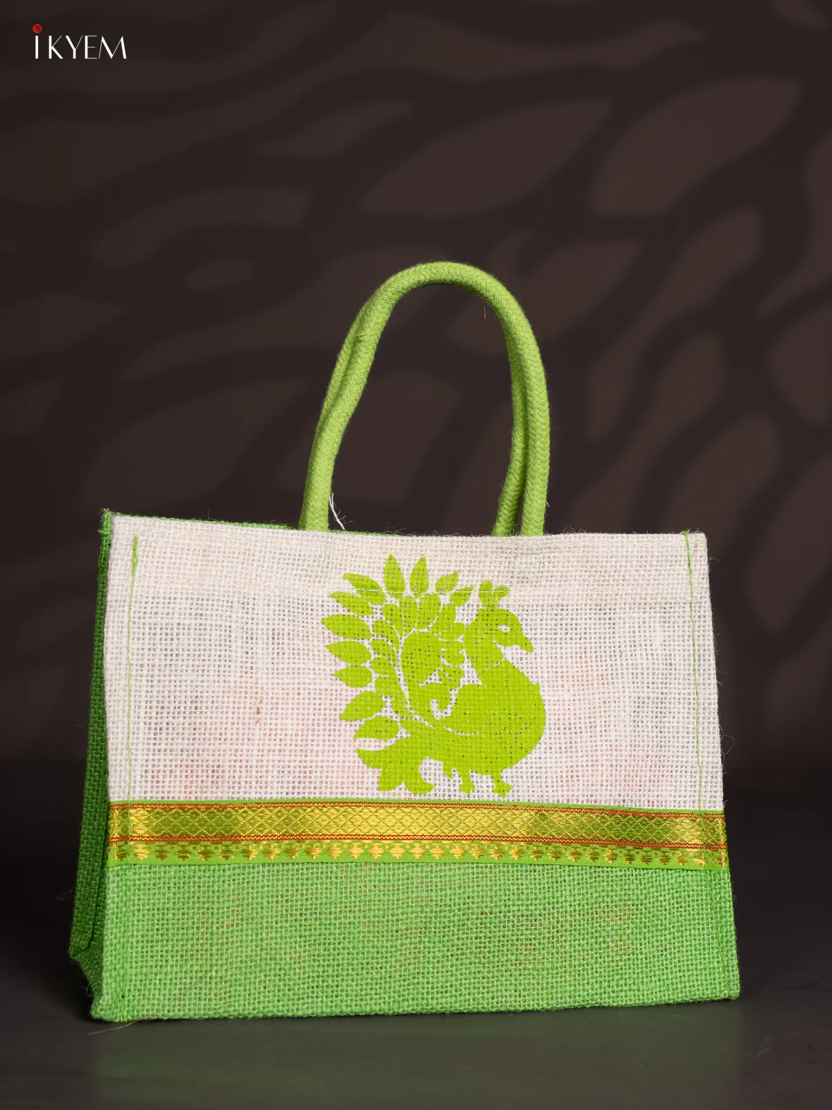 White & Green Peacock Printed Jute Bag - KI30112 - Image 2