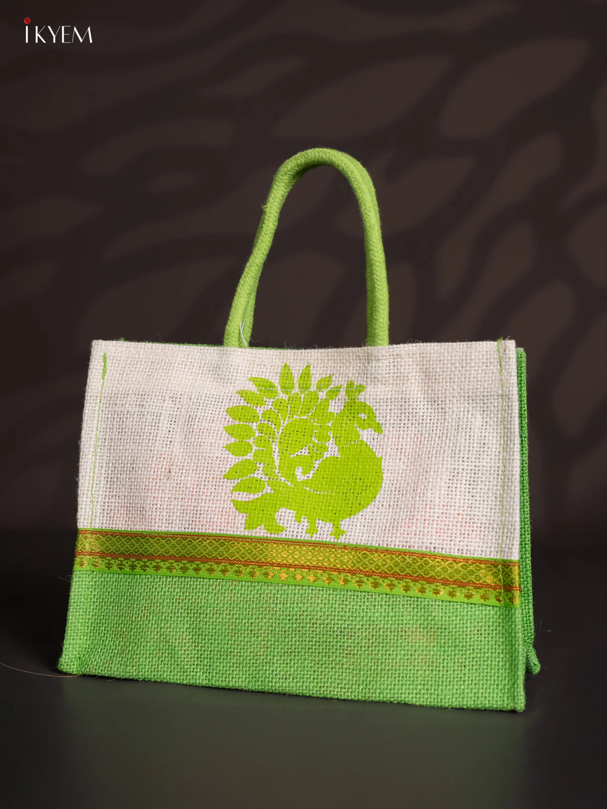 White & Green Peacock Printed Jute Bag - KI30112 - Image 3