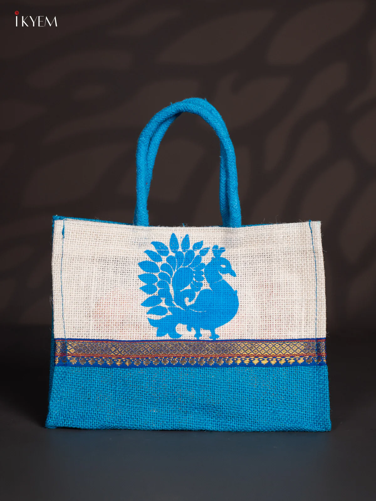 Blue & White Peacock Printed Jute Bag - KI30113