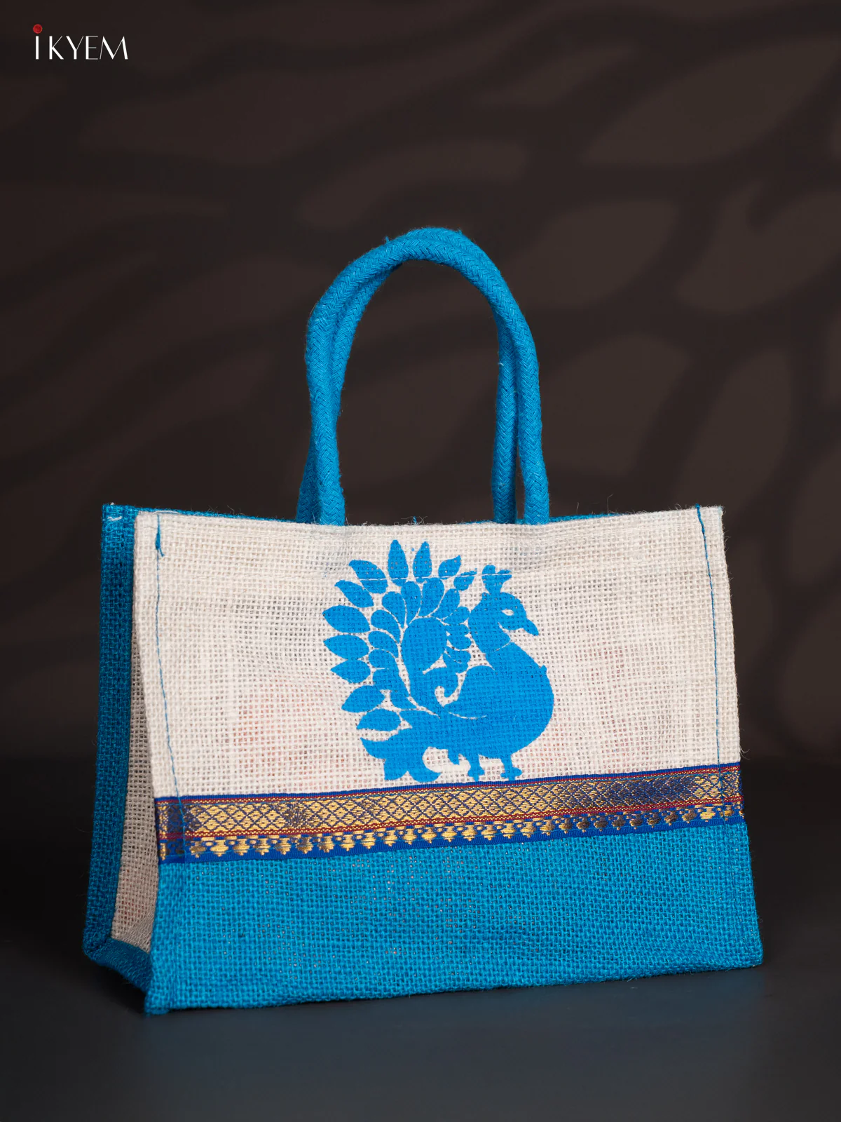 Blue & White Peacock Printed Jute Bag - KI30113 - Image 2