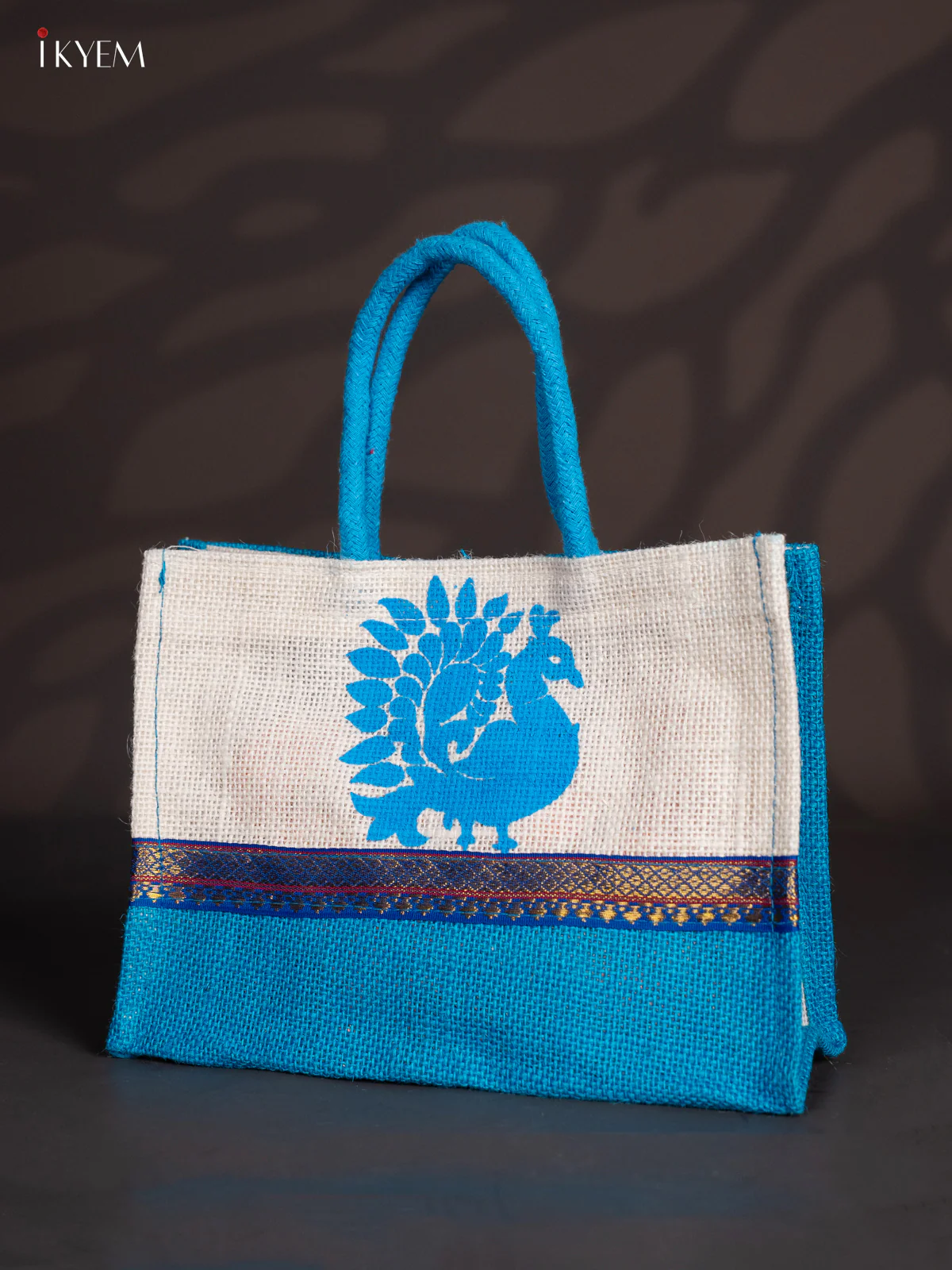Blue & White Peacock Printed Jute Bag - KI30113 - Image 3