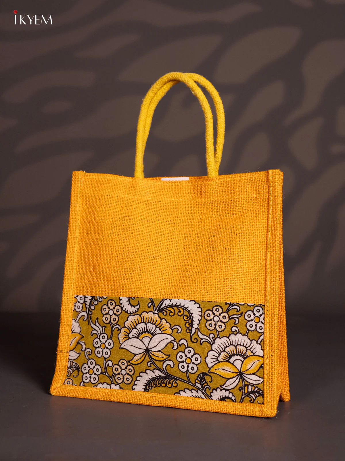 Pretty Yellow Half & Half Kalamkari Jute Bag with Rope Handles - KI30114 - Image 3