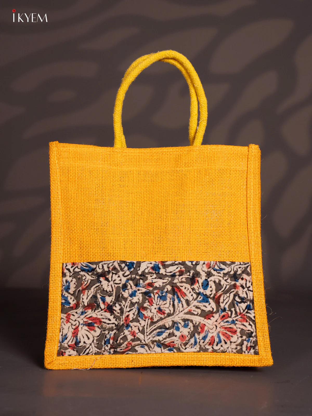 Pretty Yellow Half & Half Kalamkari Jute Bag with Rope Handles - KI30115