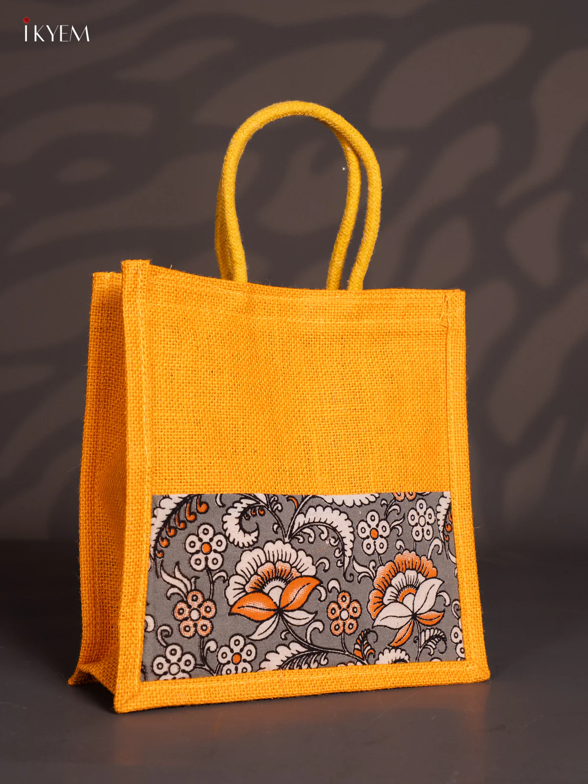Pretty Yellow Half & Half Kalamkari Jute Bag with Rope Handles - KI30116 - Image 2