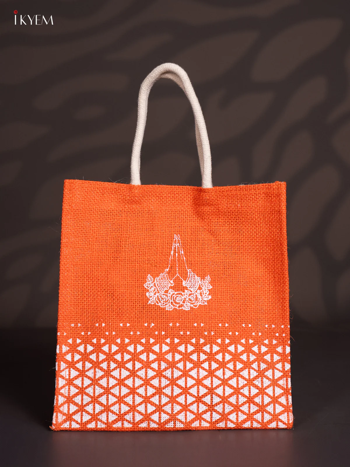 Elegant Namaste Printed Orange Jute Bag - 10 Inch - KI30117