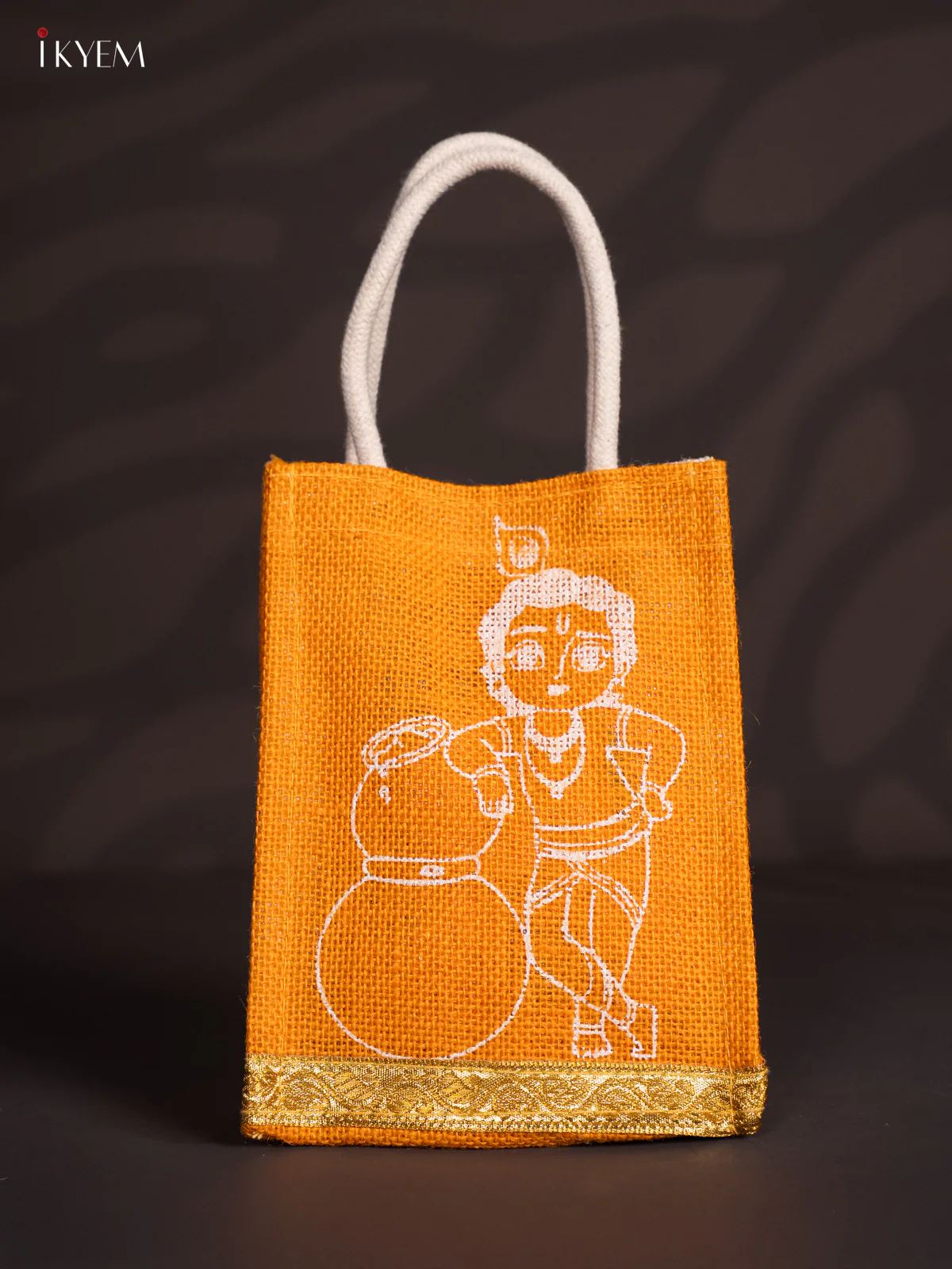 Cute Krishna Printed Yellow Jute Bag - 8 Inch - KI30120