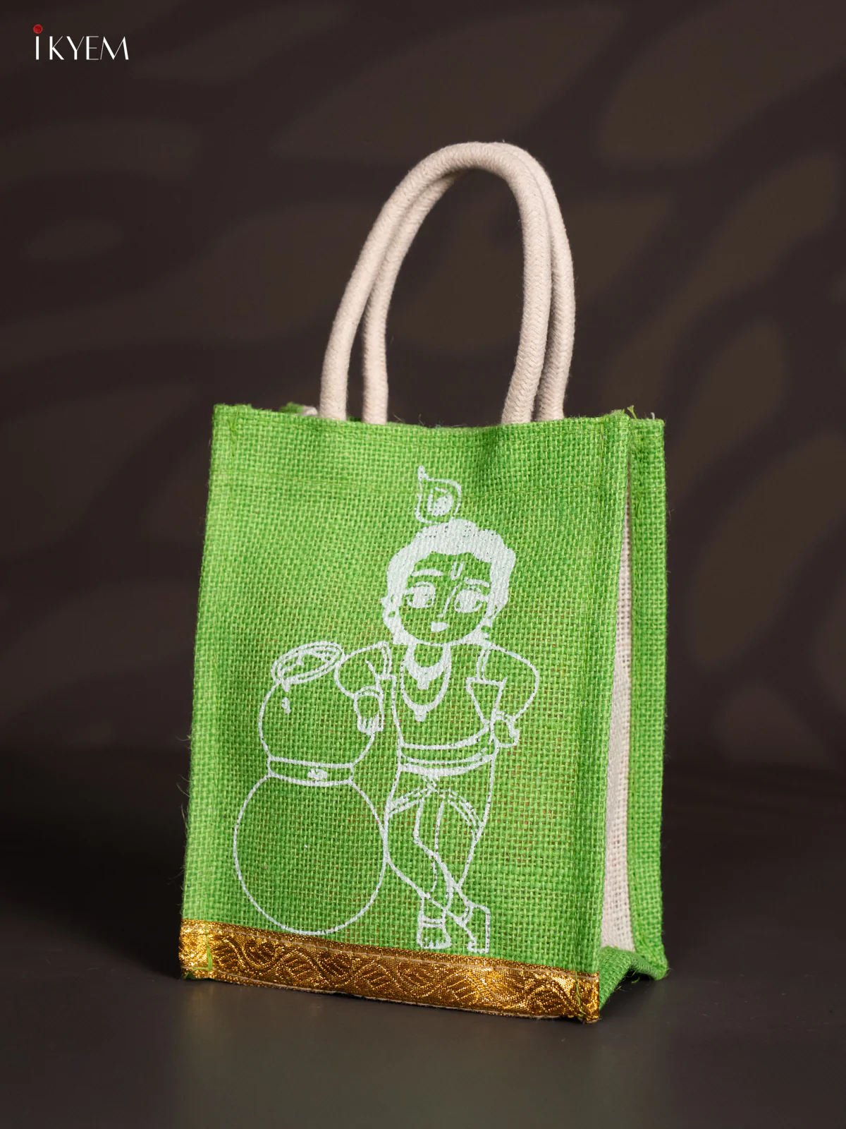 Cute Krishna Printed Green Jute Bag - 8 Inch - KI30121 - Image 3