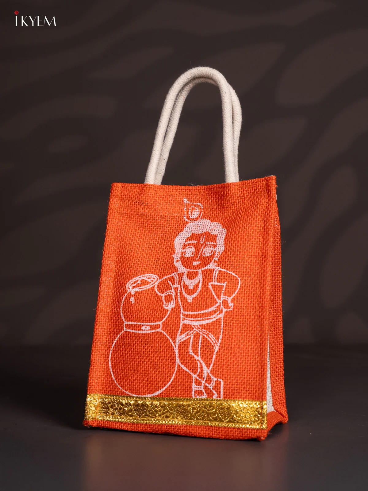 Cute Krishna Printed Orange Jute Bag - 8 Inch - KI30122 - Image 3
