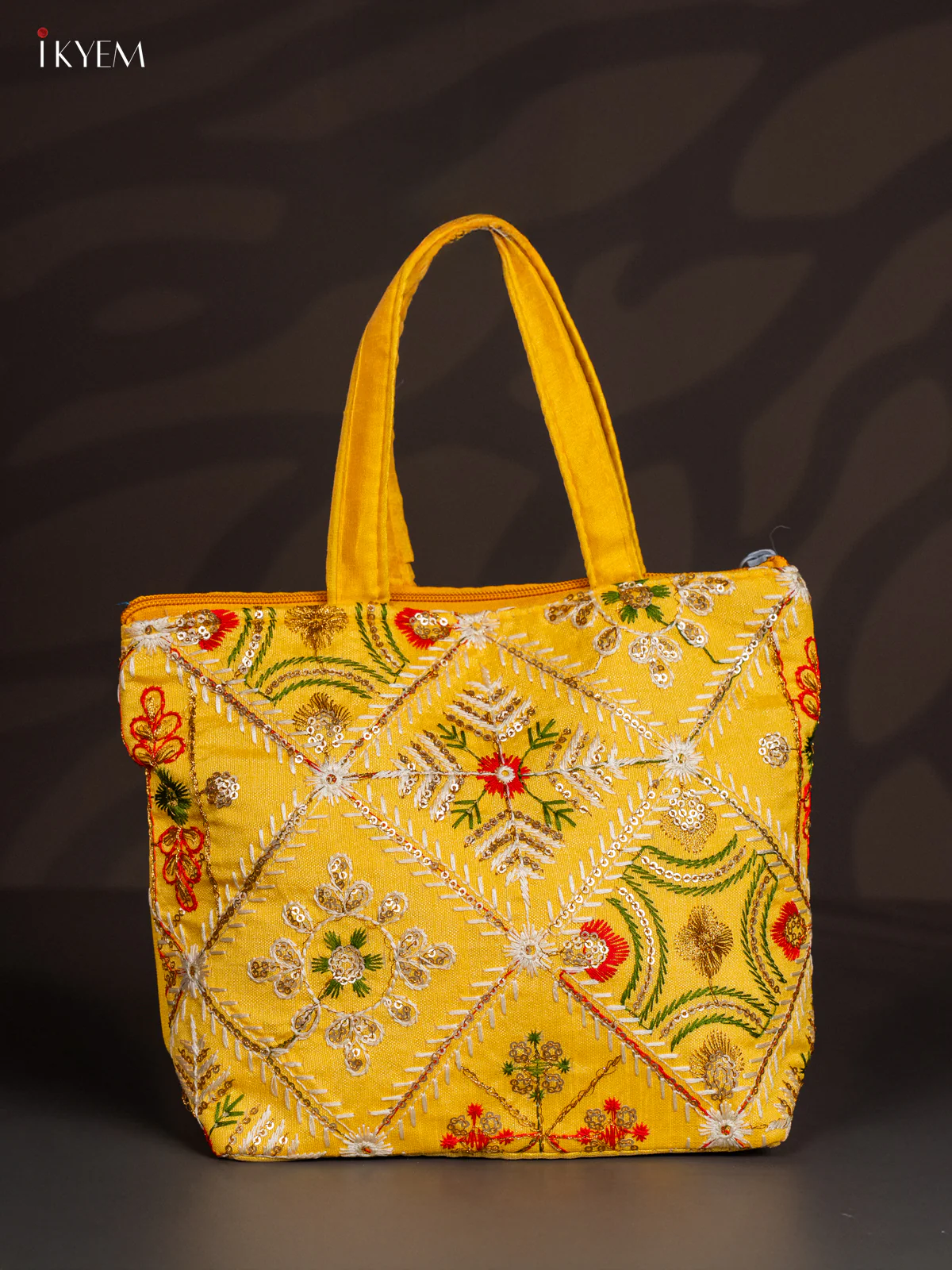 Yellow Designer Floral Embroidered Handbag - 8.5 Inch - KJ04111