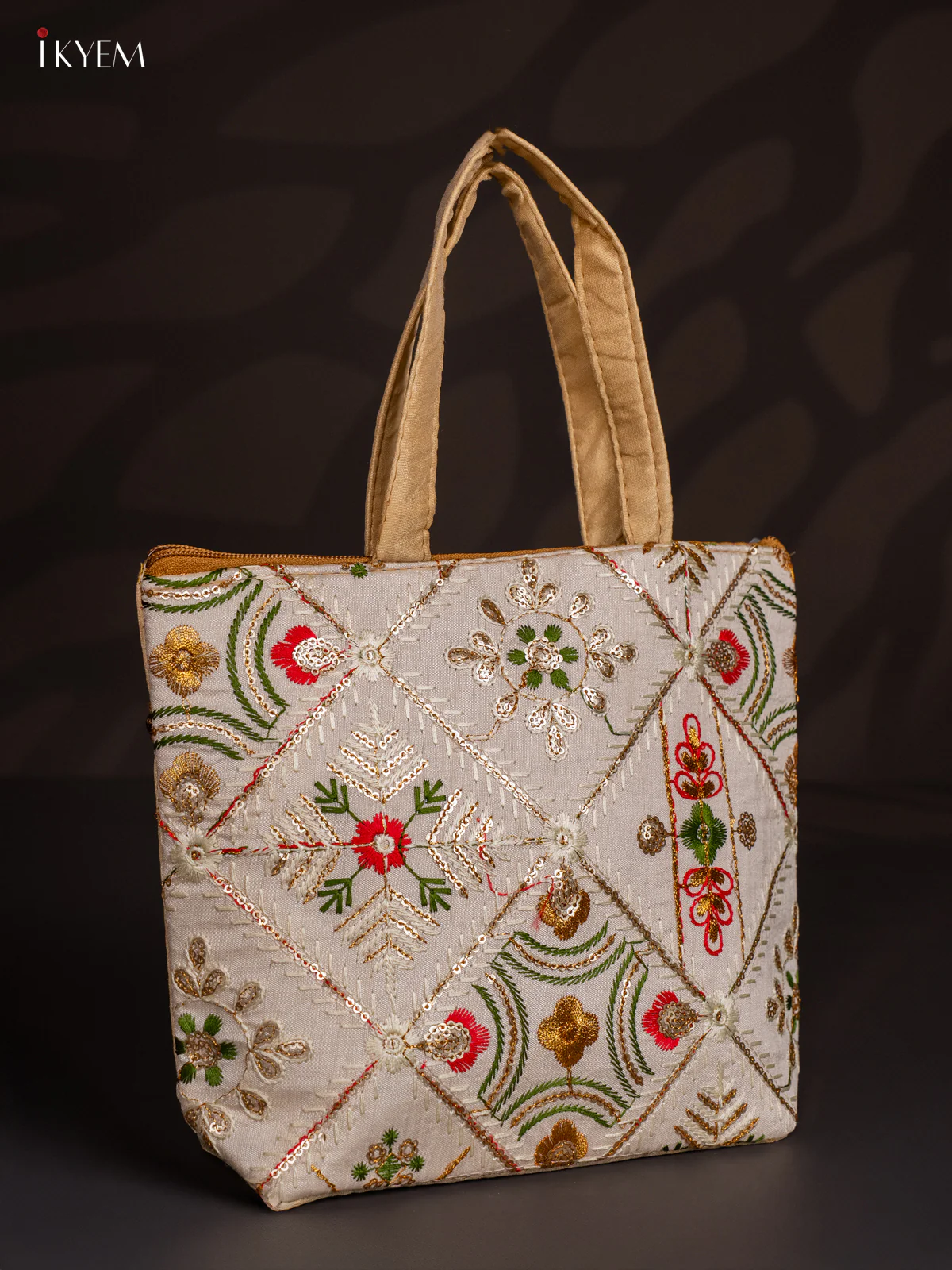Cream Designer Floral Embroidered Handbag - 8.5 Inch - KJ04113 - Image 2
